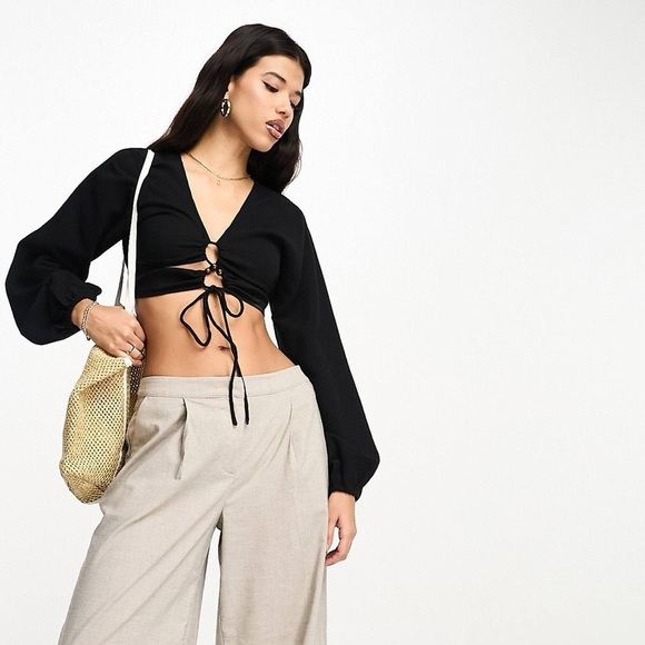 ASOS Linen Cotton Long Puff Sleeve Top Lace Up Black Deep V Front Y2K 4 S - Picture 12 of 12